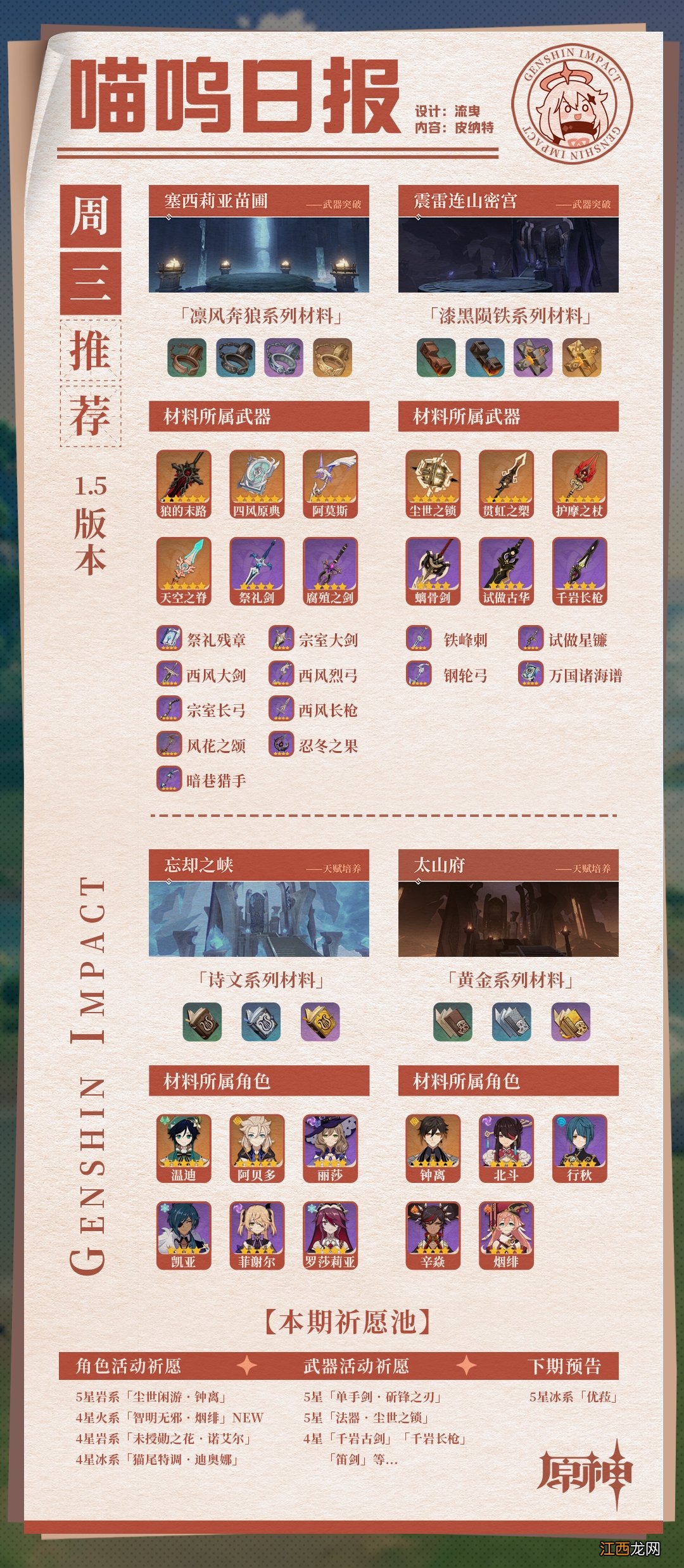 【攻略】1.5全武器全角色每日材料刷新推荐