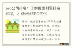 seo公司排名：了解搜索引擎排名过程，才能做好SEO优化