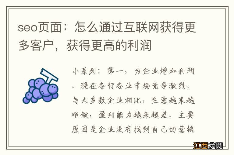 seo页面：怎么通过互联网获得更多客户，获得更高的利润