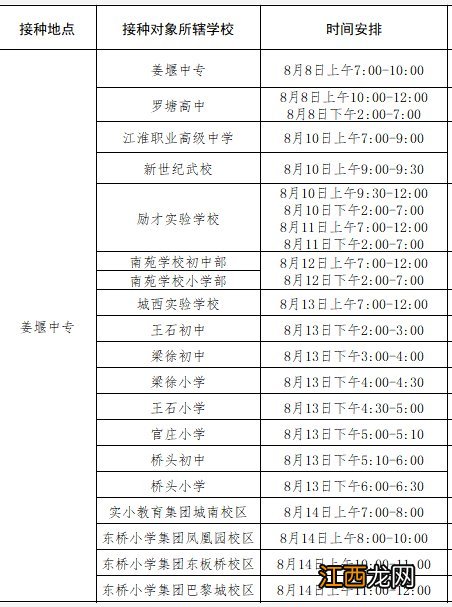 姜堰区青少年新冠疫苗各大学校接种时间安排一览表