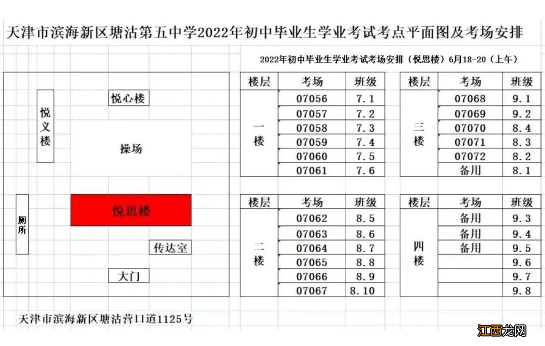 2022年天津市滨海新区塘沽中考考点考场示意图