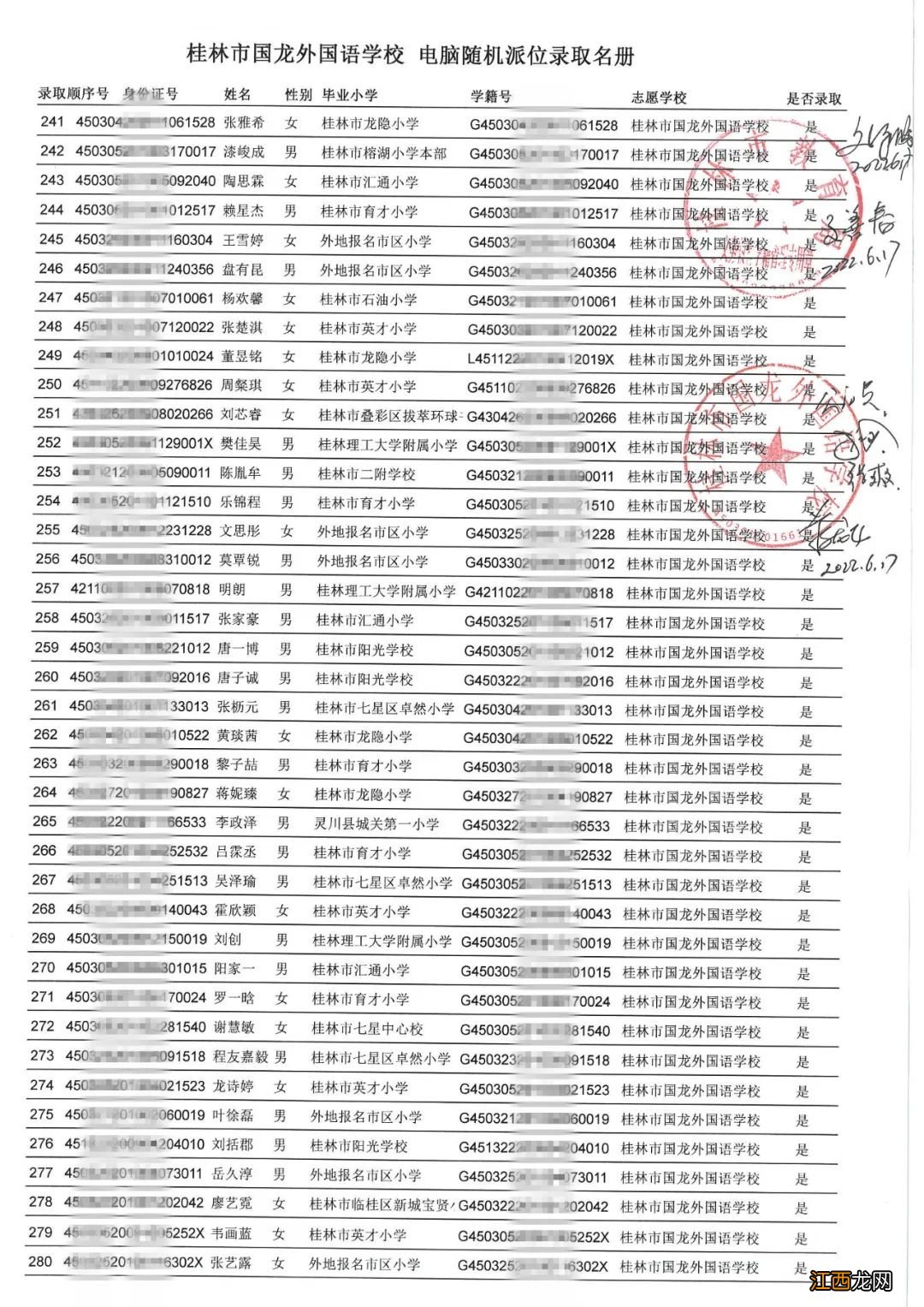 2022年桂林小升初民办初中第一次随机派位录取名单