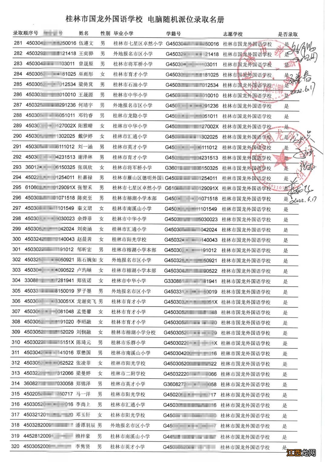 2022年桂林小升初民办初中第一次随机派位录取名单