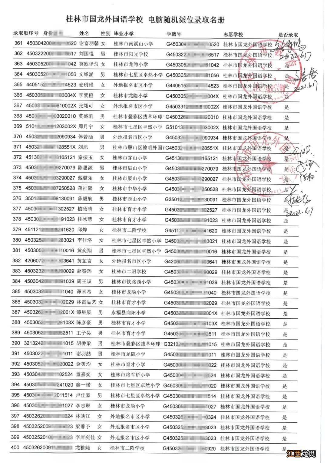 2022年桂林小升初民办初中第一次随机派位录取名单