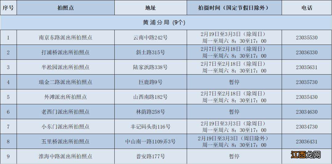 上海市公安拍照点电话预约一览表?