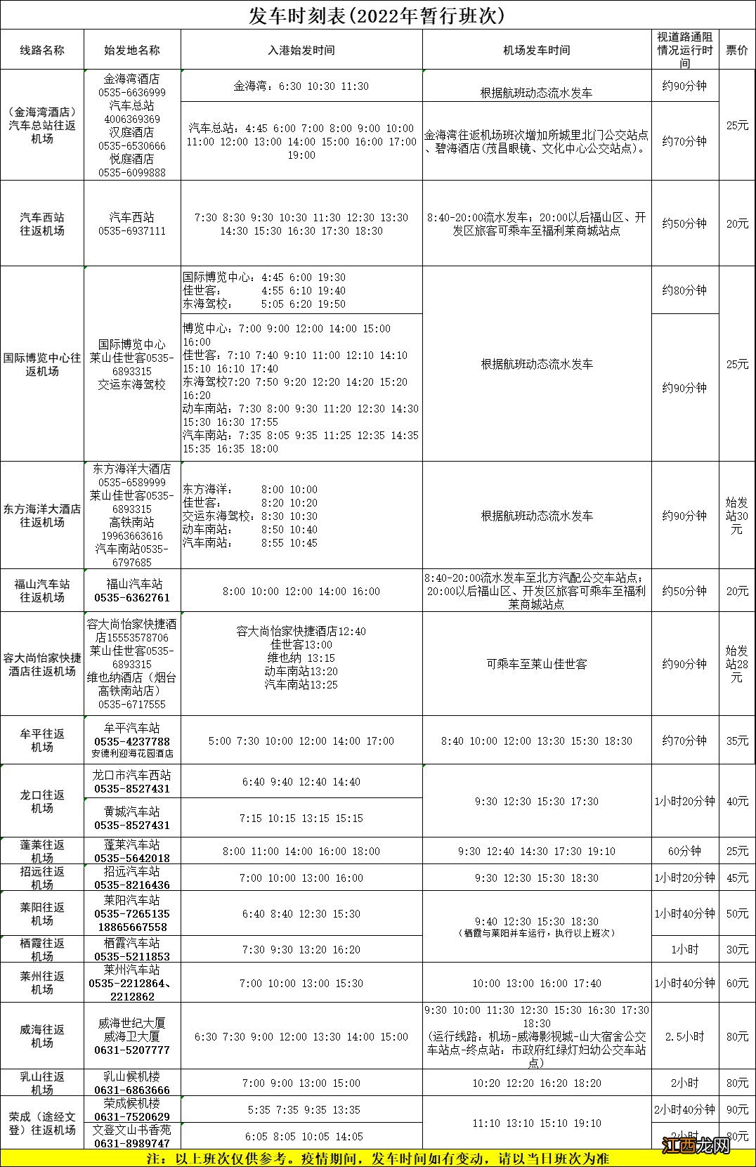 烟台机场大巴时刻表2022 烟台机场大巴时刻表