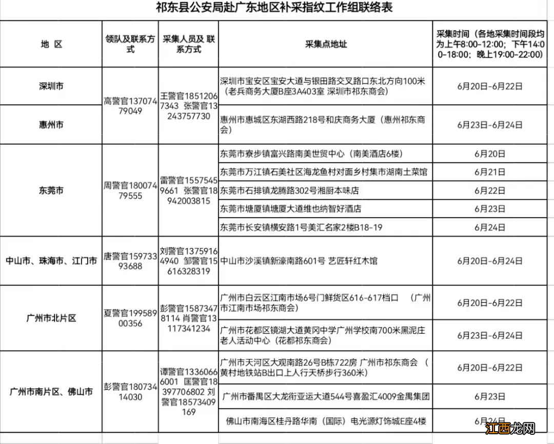 祁东县公安局为祁东籍广东乡友补采指纹的通告