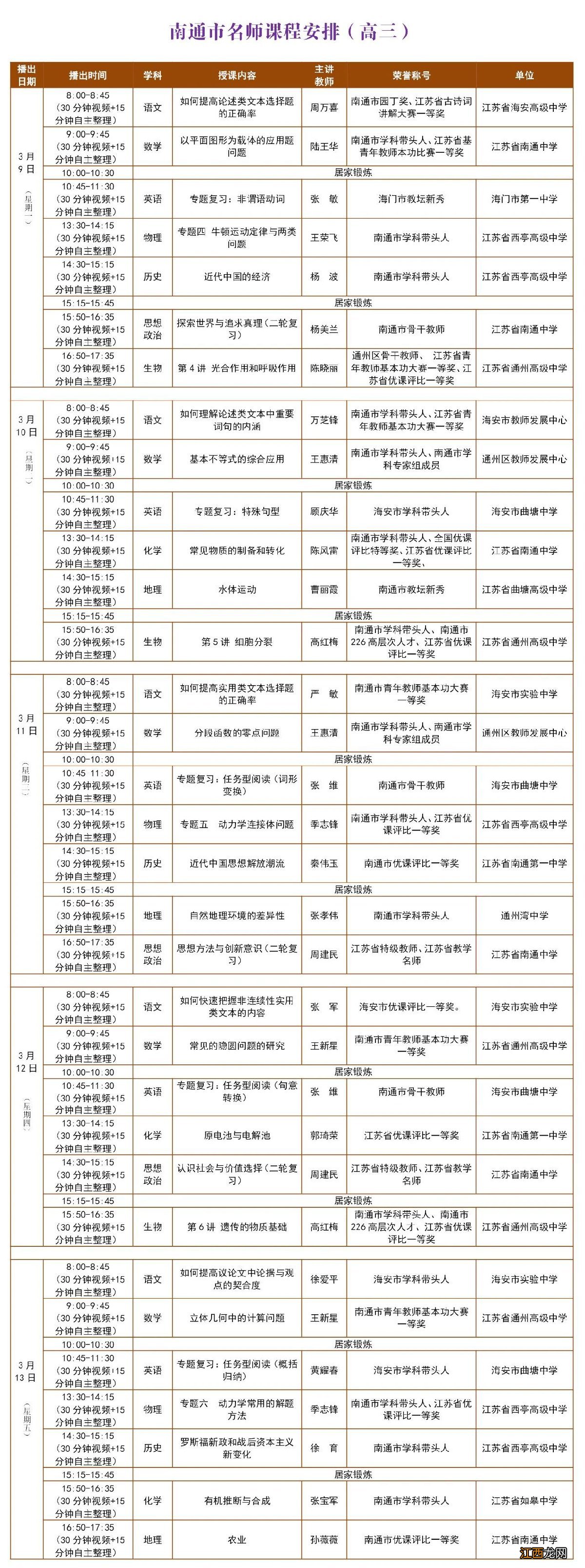 南通名师线上课堂高三第五期课程表一览