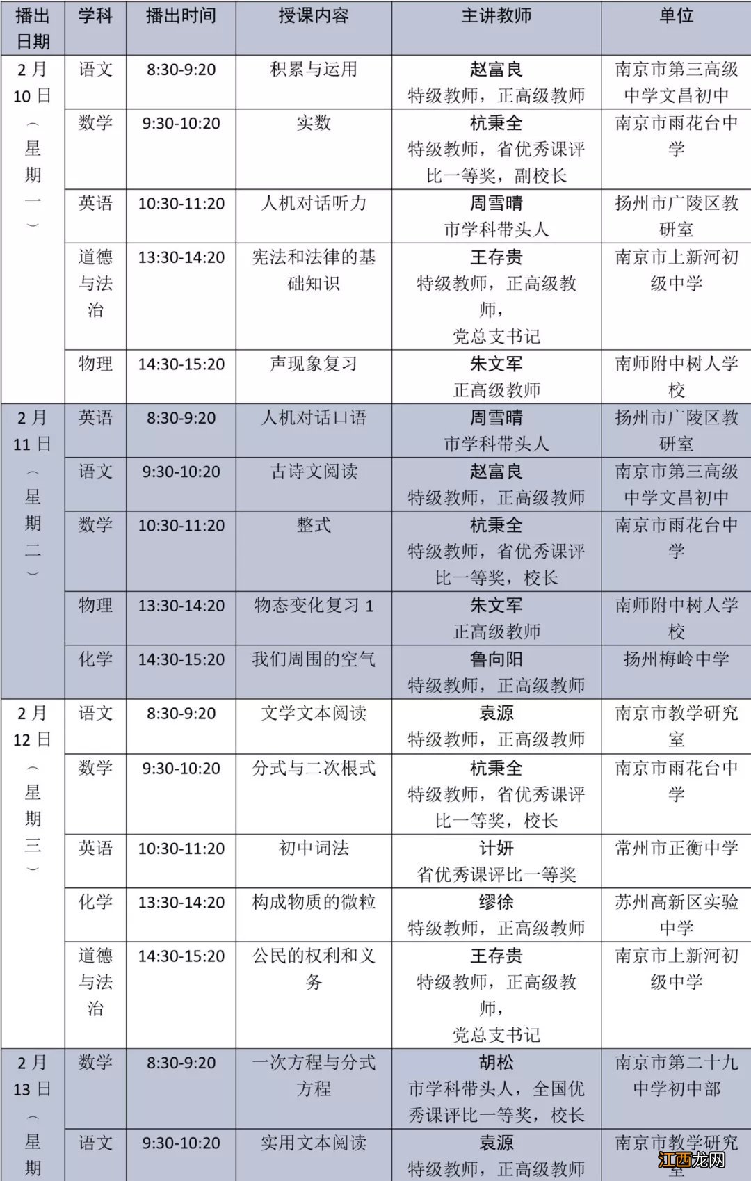 2020江苏省名师空中课堂初三直播课表一览