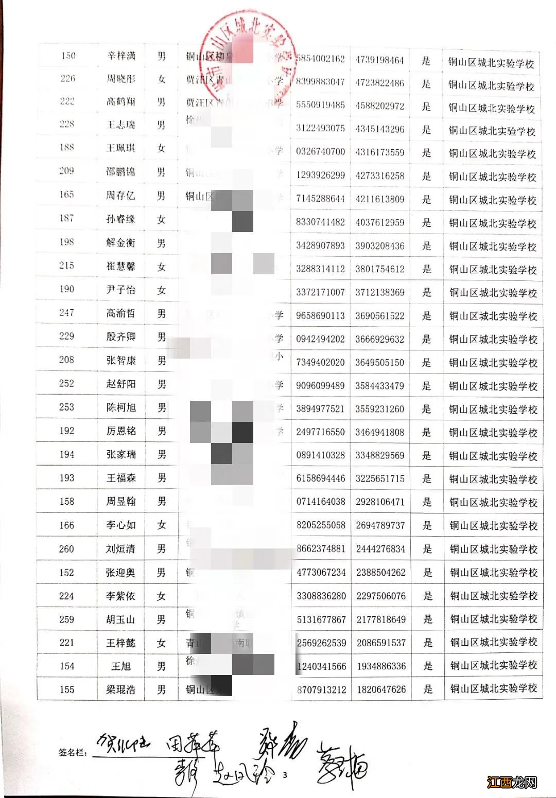 2020铜山区城北实验学校电脑派位录取名单