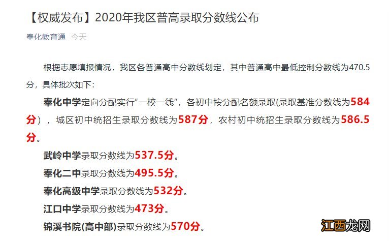 2020年奉化中考录取分数线汇总 2020奉化中学中考录取分数线