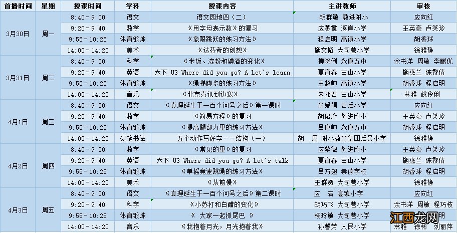 金华永康市空中希望课堂小学段第五周课程表