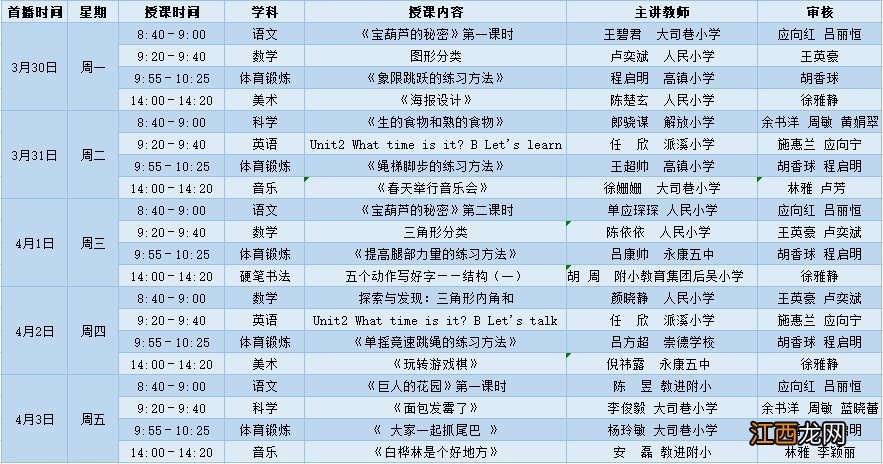 金华永康市空中希望课堂小学段第五周课程表