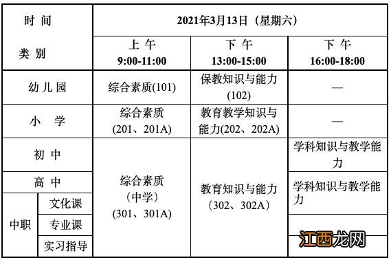 嘉兴2021年上半年教资笔试考试日期和科目安排