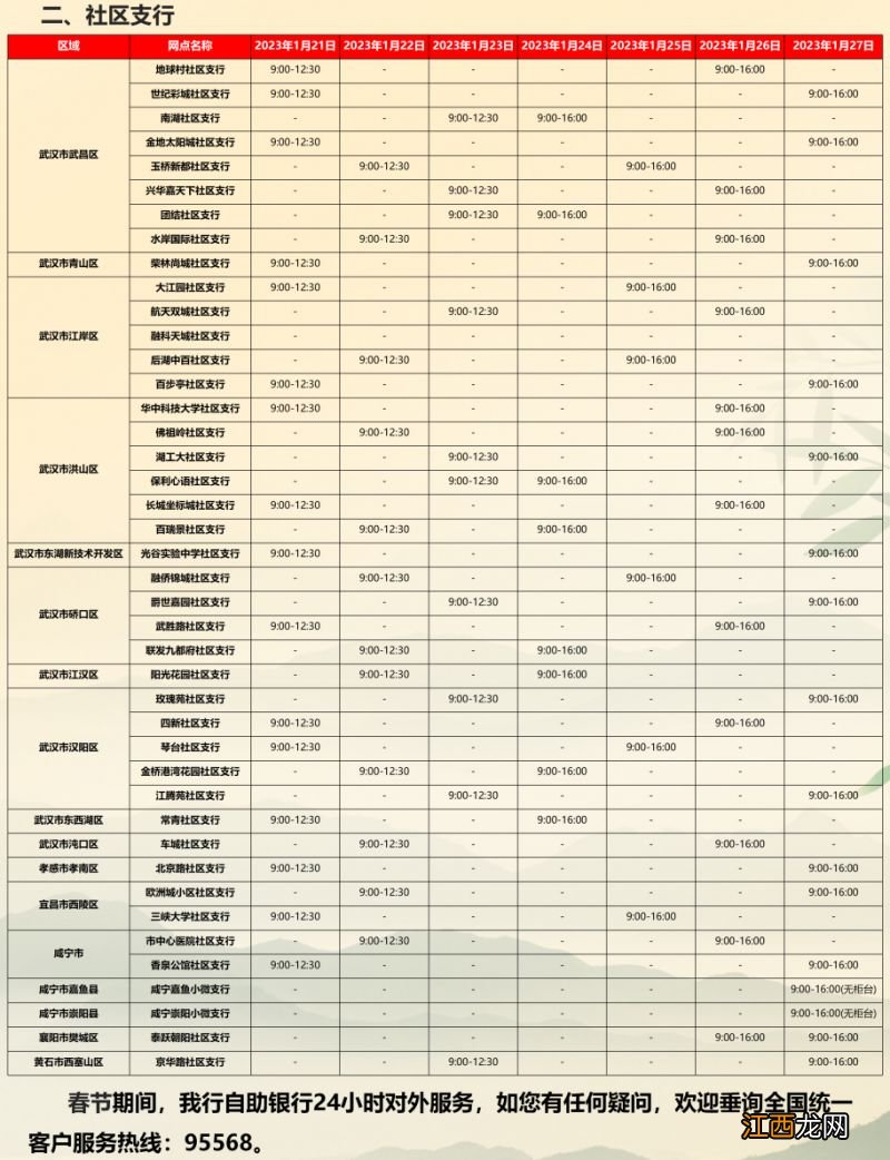 2023武汉民生银行春节期间营业时间一览表