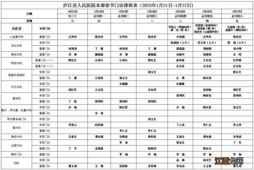 庐江县医院医生名单 庐江县人民医院2023年春节门诊安排