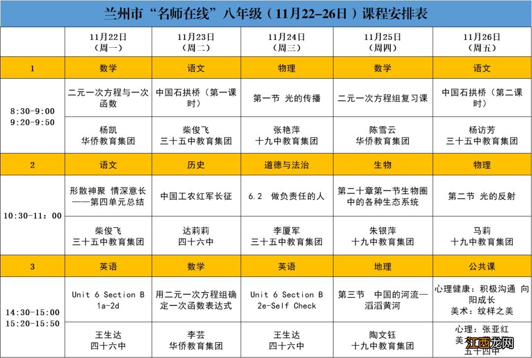 兰州市第二届优质课大赛 兰州名师在线11月22日-26日课程安排