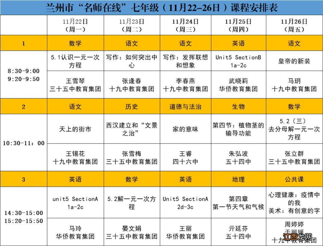 兰州市第二届优质课大赛 兰州名师在线11月22日-26日课程安排