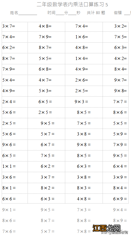 二年级乘法口算题打印 二年级乘法口算题