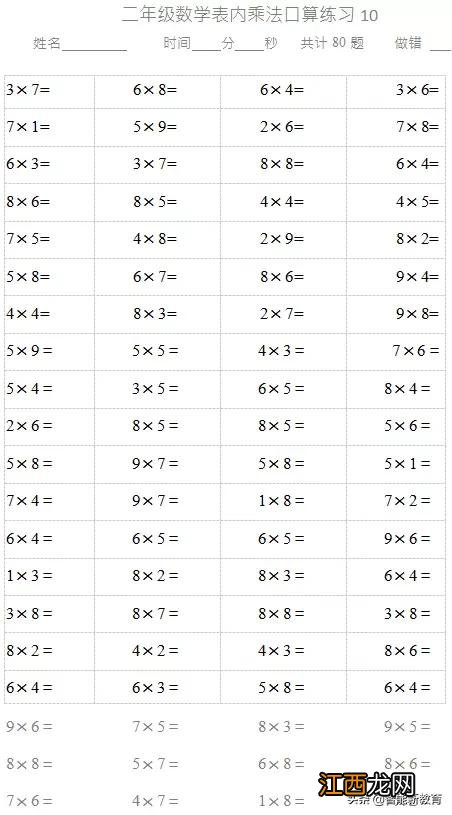 二年级乘法口算题打印 二年级乘法口算题