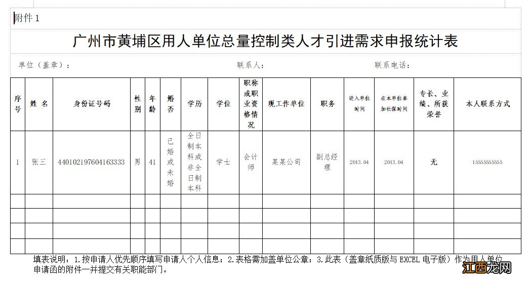 广州市黄埔区用人单位总量控制类人才引进需求申报统计表下载