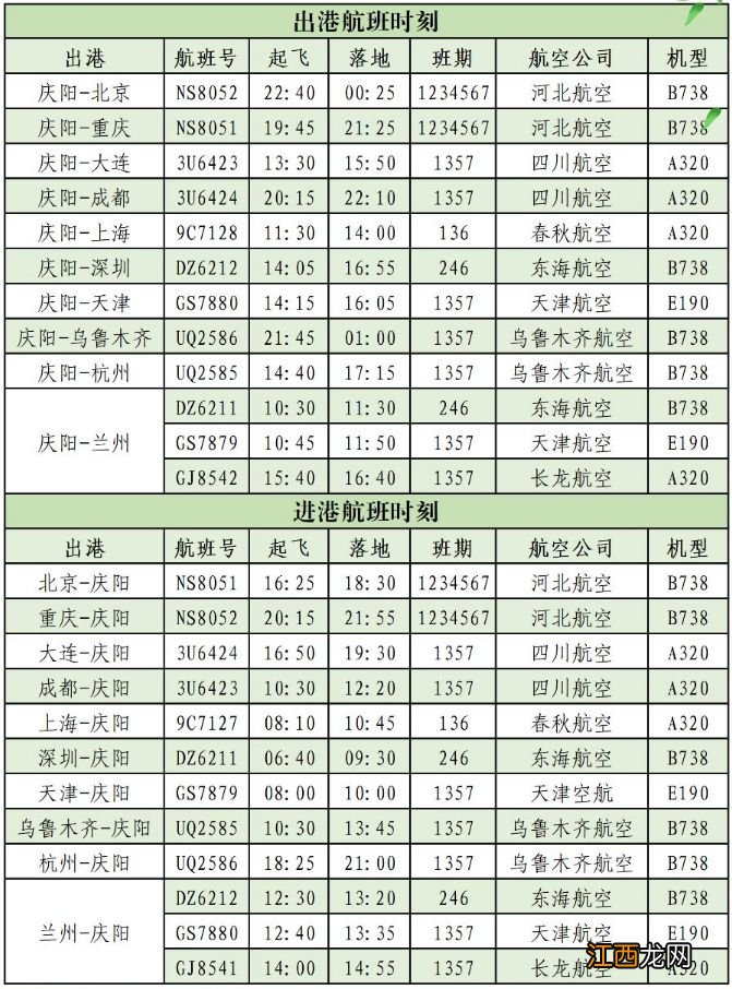 甘肃庆阳机场航班时刻表 甘肃庆阳机场航班时刻表和票价