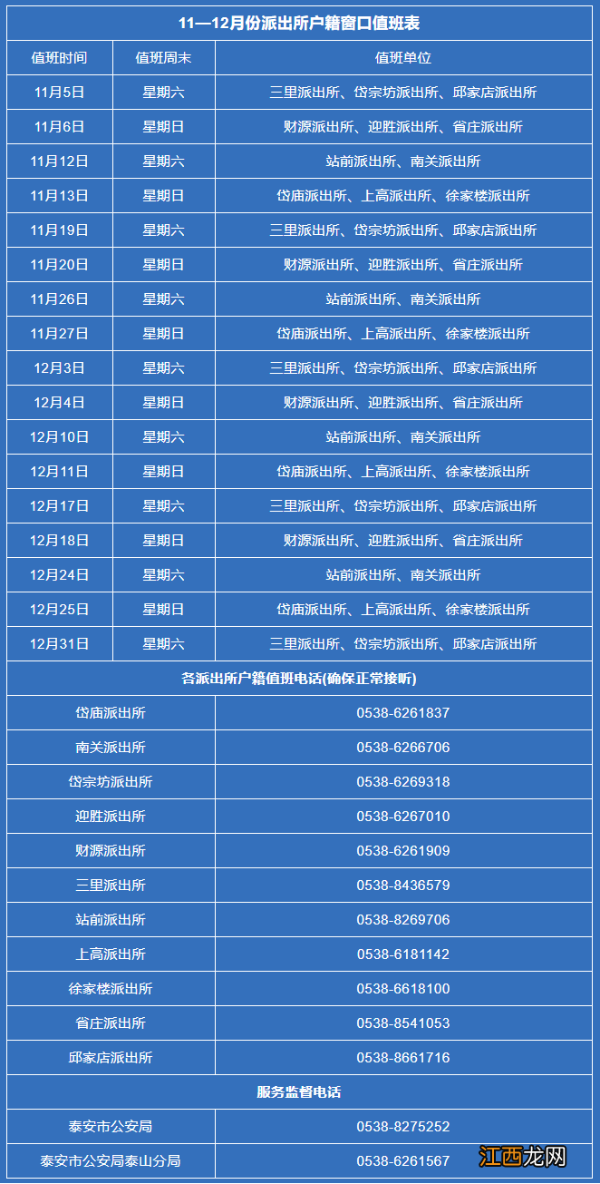 泰安市公安局泰山分局11-12月份派出所户籍窗口值班表
