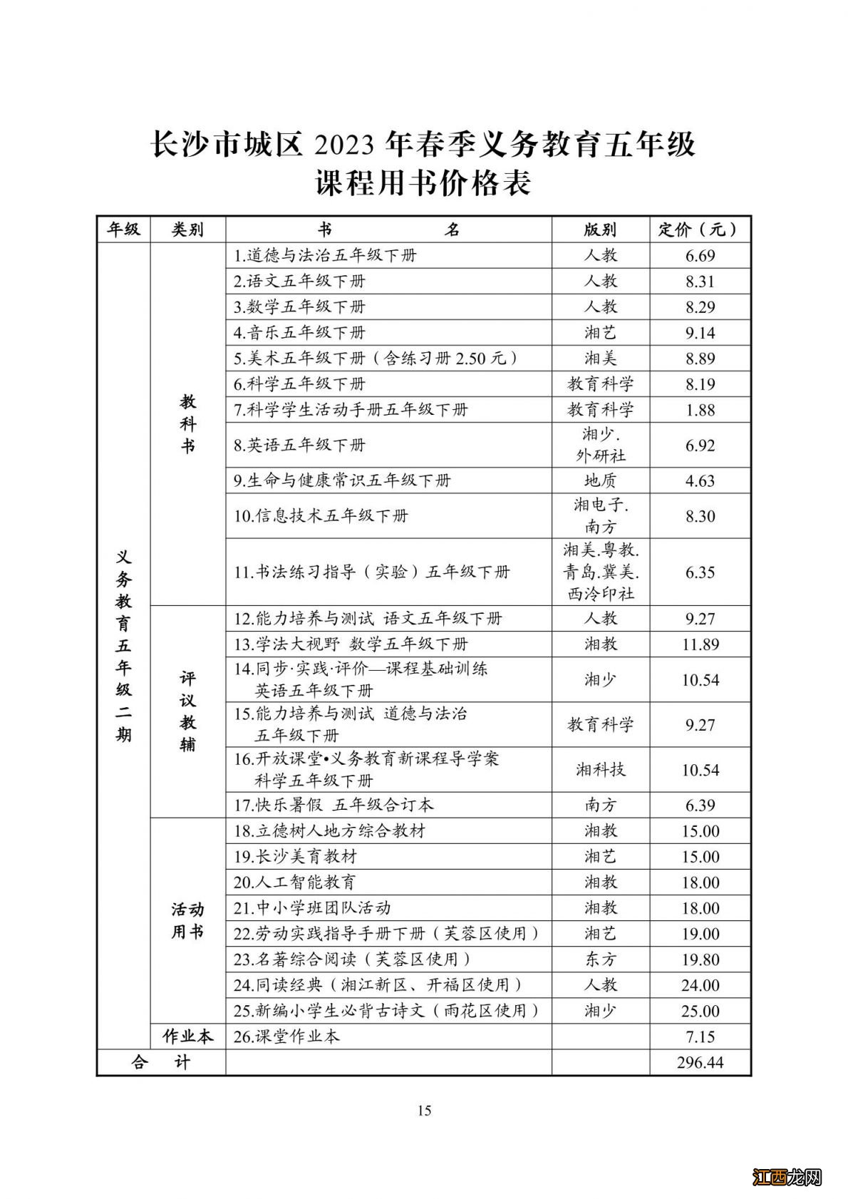 1-9年级 2023春季长沙城区义务教育课程用书价格表