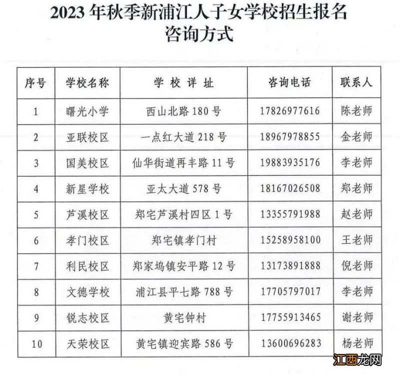 地址+电话 2023金华浦江县各小学初中招生咨询方式