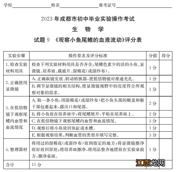 附视频入口 2023成都初中生物实验操作试题及分值标准