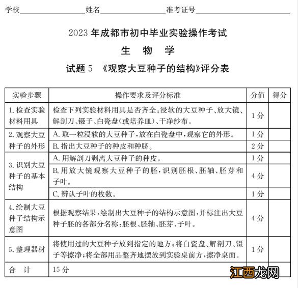 附视频入口 2023成都初中生物实验操作试题及分值标准