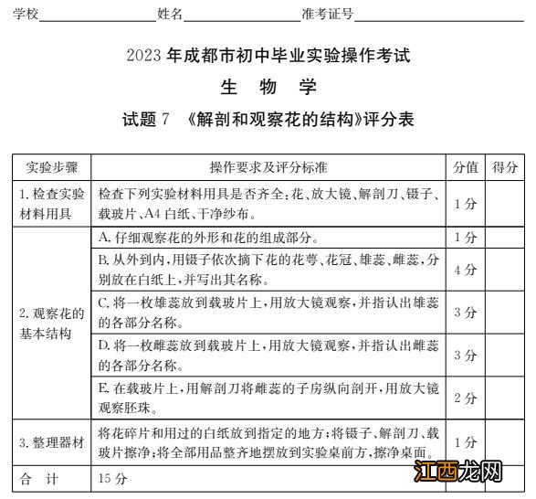 附视频入口 2023成都初中生物实验操作试题及分值标准