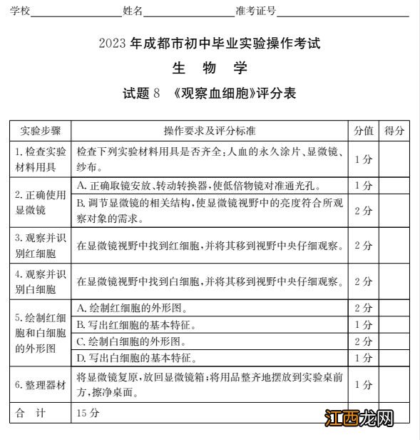 附视频入口 2023成都初中生物实验操作试题及分值标准