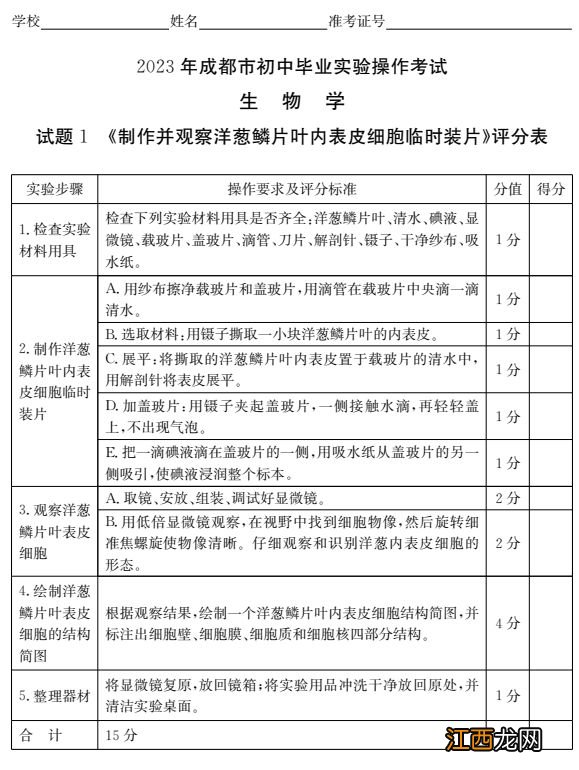 附视频入口 2023成都初中生物实验操作试题及分值标准