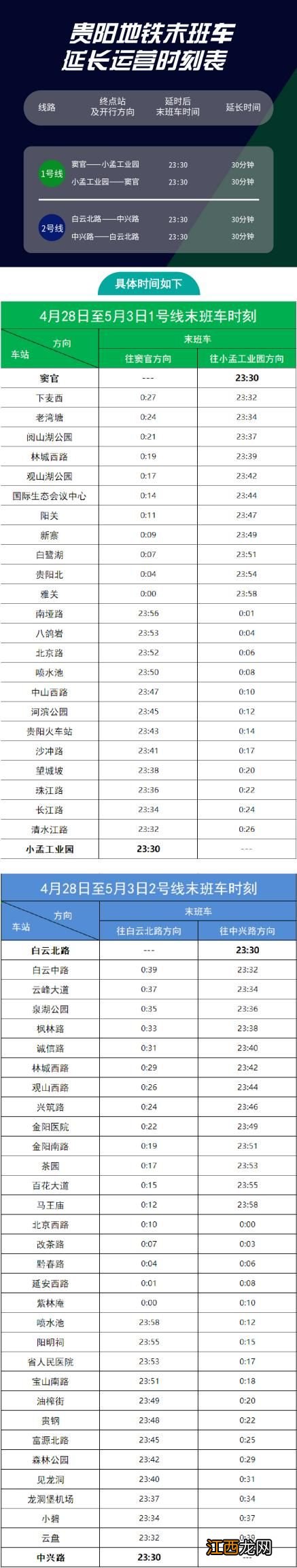 贵阳地铁1号线2023年五一假期末班车时刻表