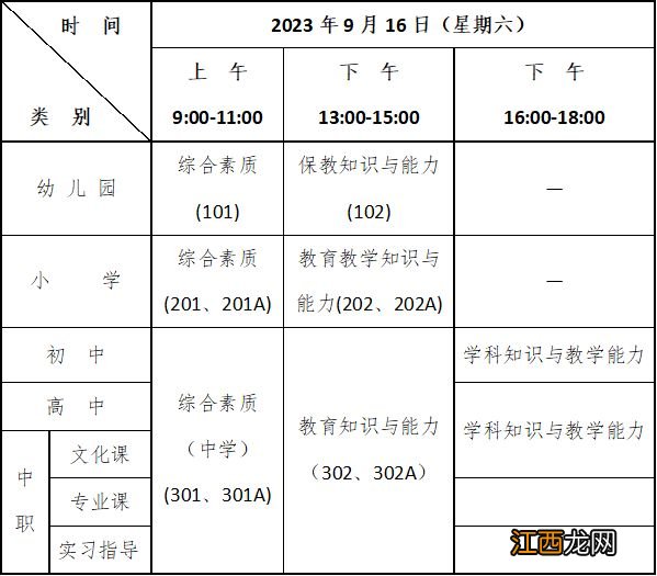 2023年下半年温州市教资笔试各科目考试时间安排表