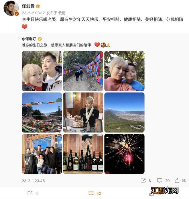 47岁保剑锋为54岁老婆庆生,何珈好满头金发好酷,7岁儿子像爸爸