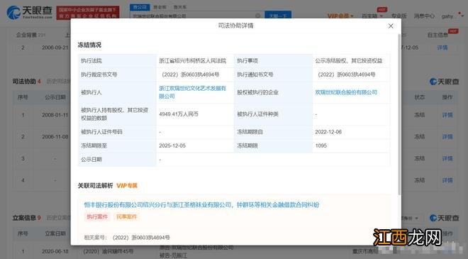欢瑞世纪被冻结4949万人民币 旗下有任嘉伦等艺人