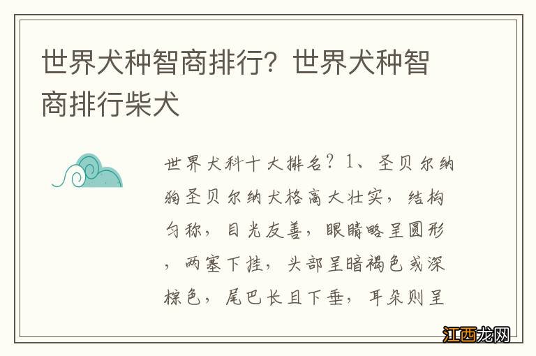 世界犬种智商排行？世界犬种智商排行柴犬