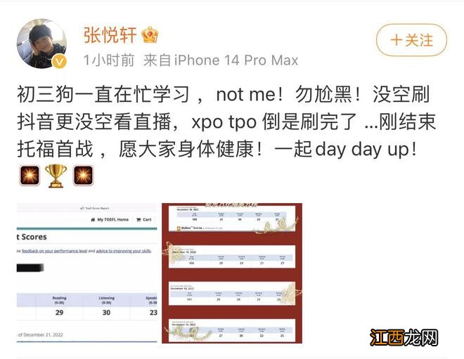 张亮儿子张悦轩晒托福高分成绩 否认关注网红