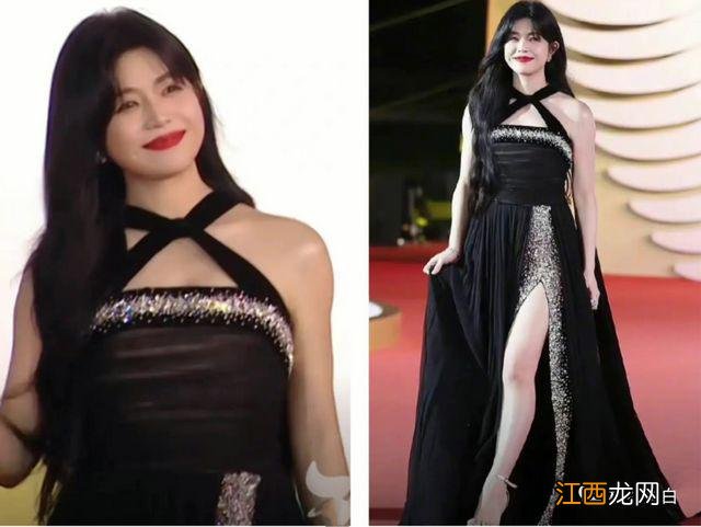 一身黑色薄纱礼服裙亮相的陈妍希,真成小笼包了?