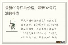 最新92号汽油价格，最新92号汽油价格表