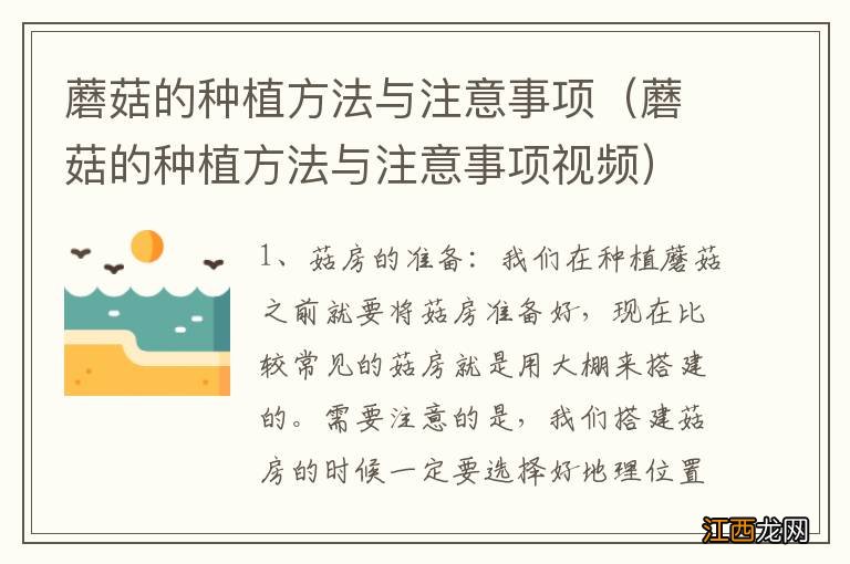 蘑菇的种植方法与注意事项视频 蘑菇的种植方法与注意事项