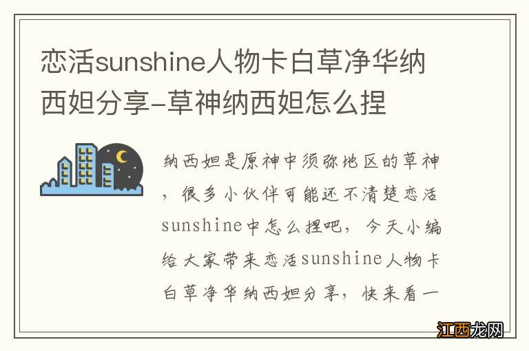 恋活sunshine人物卡白草净华纳西妲分享-草神纳西妲怎么捏