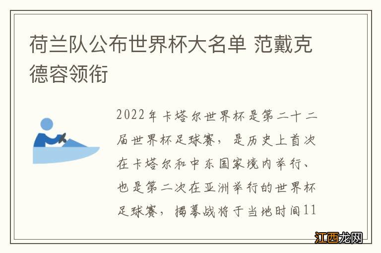 荷兰队公布世界杯大名单 范戴克德容领衔