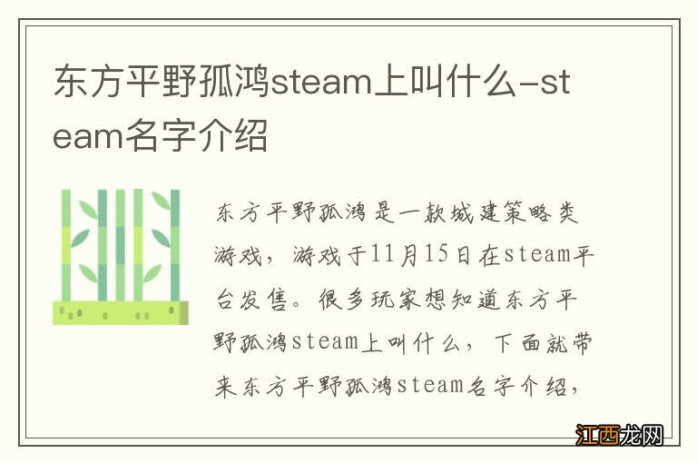 东方平野孤鸿steam上叫什么-steam名字介绍