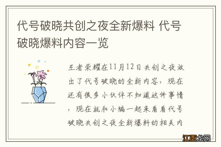 代号破晓共创之夜全新爆料 代号破晓爆料内容一览