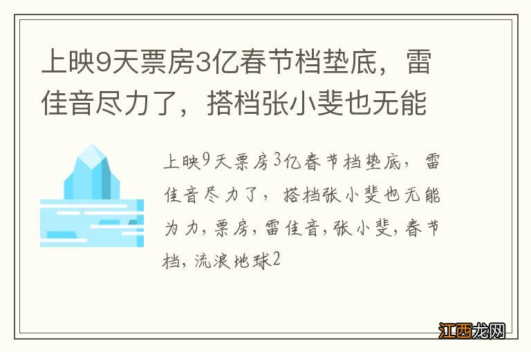 上映9天票房3亿春节档垫底，雷佳音尽力了，搭档张小斐也无能为力