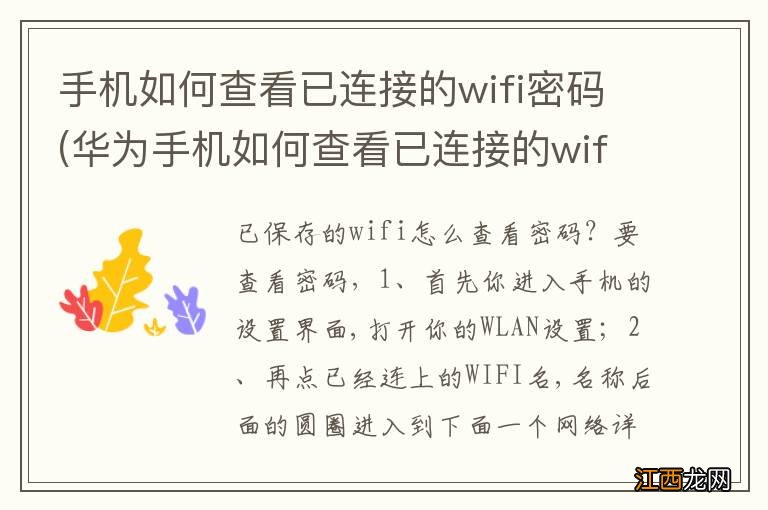 华为手机如何查看已连接的wifi密码 手机如何查看已连接的wifi密码