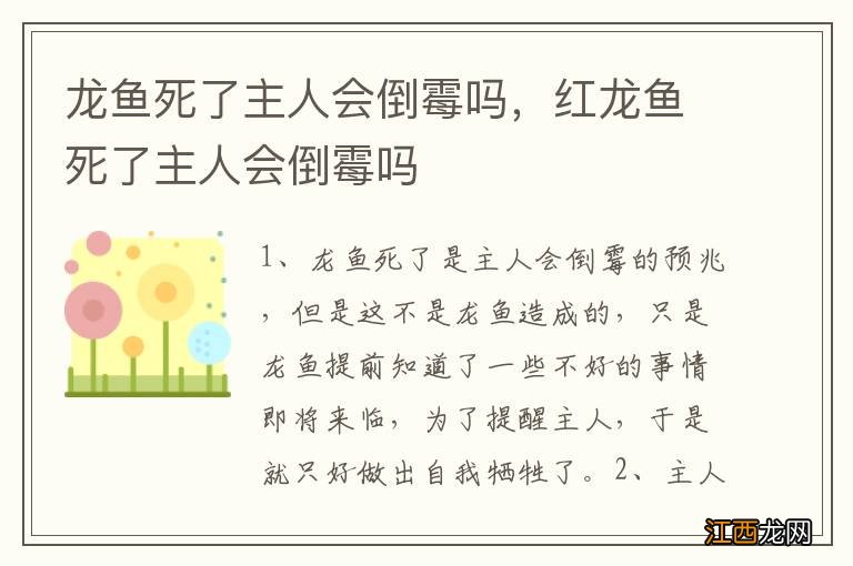 龙鱼死了主人会倒霉吗，红龙鱼死了主人会倒霉吗